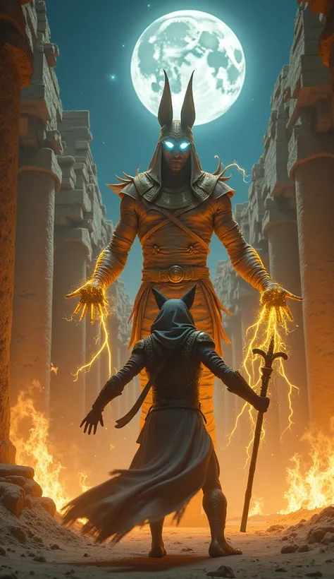 Create a hyper-realistic cinematic image of a battle between a Marvel-style mummy superhero and Anubis, the Egyptian god of the dead, set under a glowing full moon in a mystical desert. The mummy superhero, wrapped in glowing, tattered bandages, radiates a...