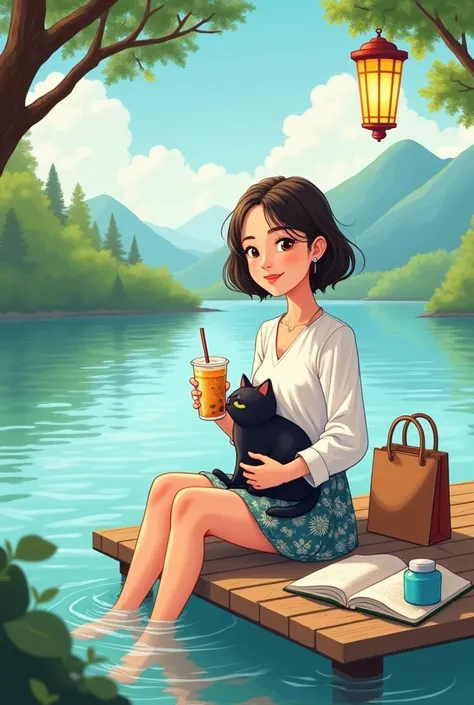 Create a captivating cartoon-style illustration featuring a young woman and her cat. The scene should exude a sense of tranquility and connection with nature. Picture a serene lakeside setting with a wooden dock stretching out over the calm, sparkling wate...