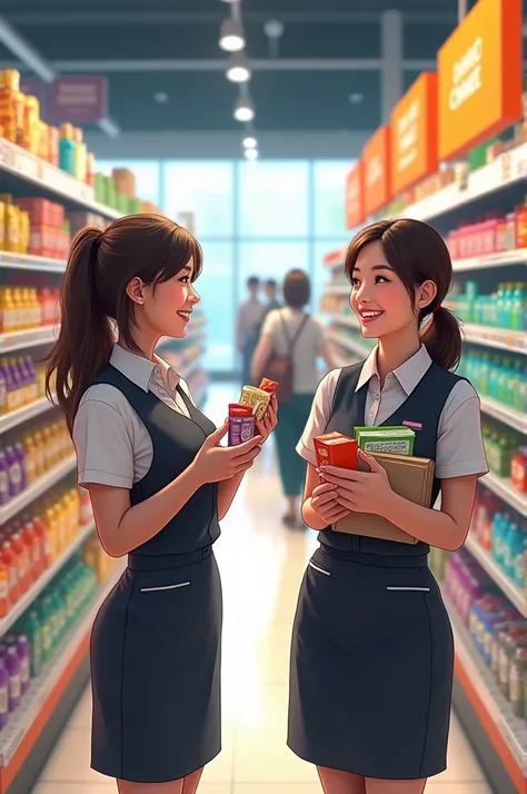 Two female promoters; standing in front of a well-organized supermarket gondola; filled with colorful products; engaged in a lively conversation; smiling and interacting as they showcase the products; clean, bright supermarket aisle; clear lighting; vibran...