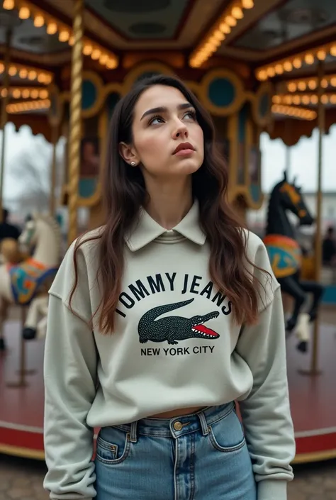  The photo shows a young woman standing ,  buttons in front of an old carousel . she is looking up, with a neutral expression on his face.  The woman has long brown hair , divided in half,  and wears a discreet navel piercing .

 She wears a crocodile swea...