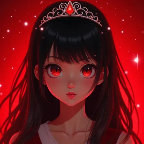 (( high quality)), (( masterpiece fails)), 8 k, black-haired girl in a tiara,  light rays , portrait, red background, magic, реалистичная фотография