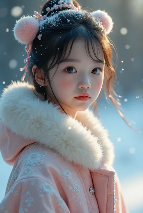 ultra detailed impressive [ true-istic image ,  Taken with the best lens camera in the world ,  A beautiful future Korean half-breed woman (realistic:1.3),  Detailed , quality,  Rembrandt light , (masterpiece:1.2),  Beautiful Japanese Snow Maiden 、around t...