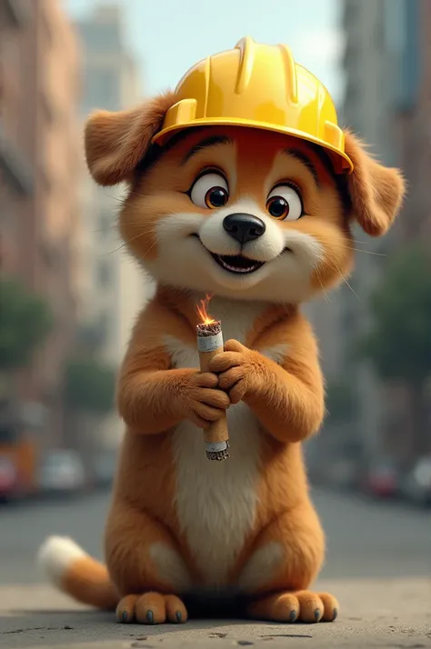 A Dog smoking 🚬, wearing a construction helmet 🪖 
