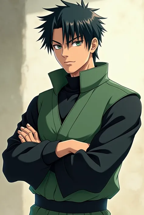 Black hair.young man.short haircut. Muscular body.Beautiful face, with big lips.wearing jounin jersey from(naruto). Folded arms. Green eyes.