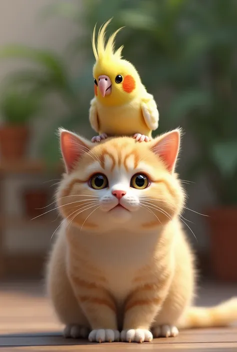 One cockatiel bird sit on the cat head