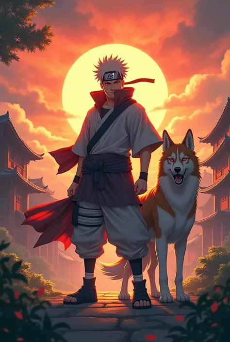 Create a image of kiba inuzuka in his gray and white Ninja outfit with his dog akamaru , in the sun rise time of japan ninja village , also add logo of konoha village or the land of fire logo