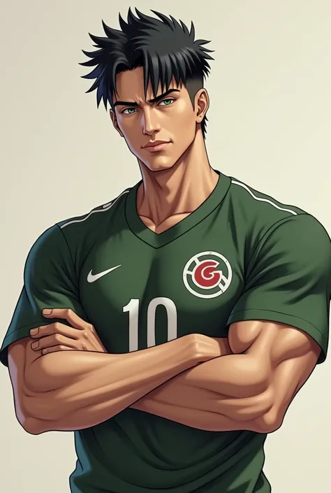 Black hair.young man.Military hairstyle. Muscular body.Beautiful face, with big lips.wearing jounin jersey from(naruto). Folded arms. Green eyes. Full body 