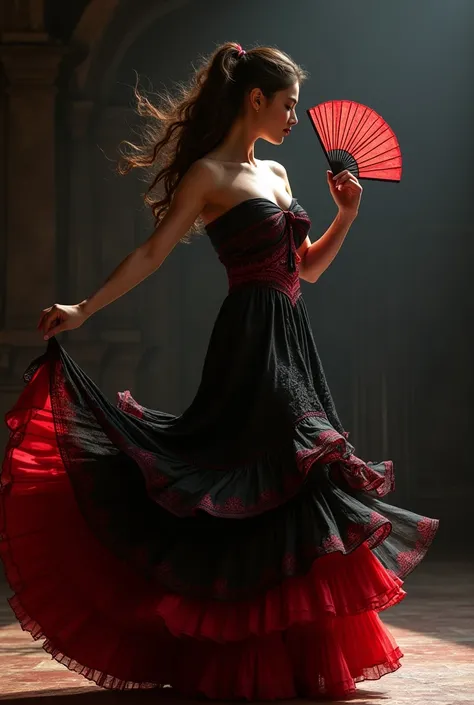 A Western woman in a black and red seven-layer skirt holding a fan, looking sensual at night , in a romantic Spanish dance b woman dancing happy 