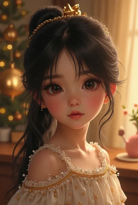  Portrait of a young girl with dark hair. Head turn 3 /4. Eyes look into the frame .  Light-colored clothes ,  decorated with sparkles .  New Years interior ,  festive 