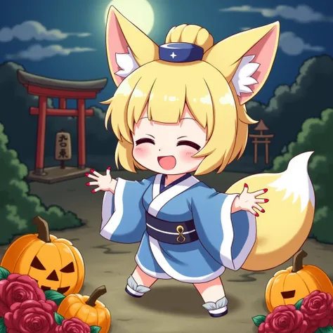 score_9, score_8_up, score_7_up, (source_anime), 1girl, solo, (petite:1.3), small breasts, cute, fox girl, fox ears, fox tail, blonde hair, short hair, hair bun, hair bell, blunt bangs, closed eyes, squinting, jiangshi, (jiangshi costume:1.3), (ofuda on he...