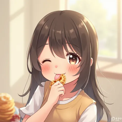  1 girl, Straight Hair,  Hide Ears ,  and blushing ,  smiles,  sticks out his tongue , saliva,  character profile, Food,  Blurred Background, 