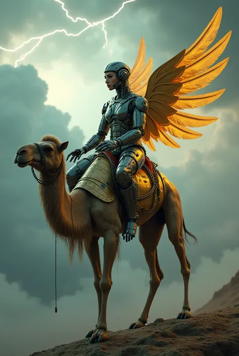 A person who is half robot and half human on a camel has wings made of gold in 2050. The sky has thunder
