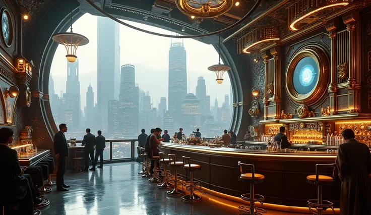 Modern luxury steampunk city and ultra detailed luxury bar