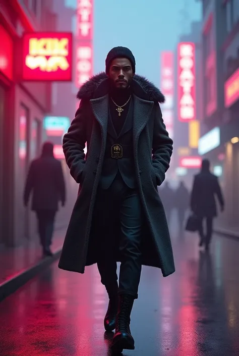 Create a cinematic and atmospheric picture of a man who looks like Neymar Jr. who walks confidently through the citys neon-lit alleys at night. The suit features a thick wool coat with fur accents, high boots and a ushanka hat. Include subtle Soviet-era sy...