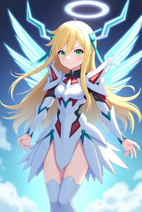 1girl, solo, super fine illustration, an extremely delicate and beautiful, best quality, masterpiece, 8K, Lillie(Pokémon), long blonde hair, green eyes, innocent expression, white dress, mechanical armor parts, blue white red color scheme, mechanical wings...