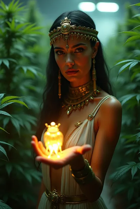 A pretty cleopatra-like woman like angel holiding a glowing Magical Scarab in a Cannabis grow Room