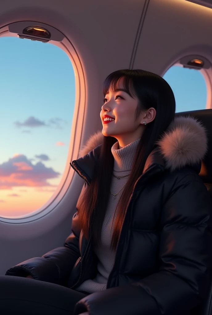 Young woman Min-young Park ,  very long straight black hair, with bangs, smiling spontaneously, looking at the window. soap eyebrow, black eyeliner,  shiny lip gloss .  red lipstick.  Wearing black Puff coat with fur hoodie hem. Black thermal clothing for ...