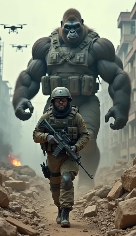 A soldier fully armed with modern warfare equipment, including a helmet with visor, reinforced armor, tactical gloves and combat boots, walks purposefully across a rugged urban battlefield filled with rubble and smoke. His rifle is gripped tightly in his h...