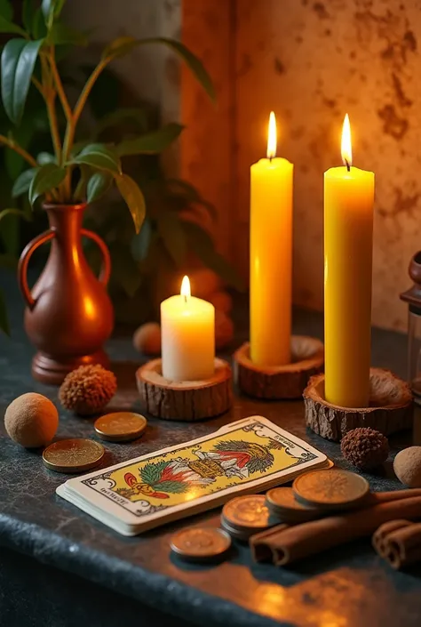  Small altar to attract money with yellow candles,coins,Cinnamon and the deck of AS de naipe  