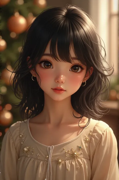  Portrait of a young girl with dark hair. Head turn 3 /4. Eyes look into the frame .  Light-colored clothes ,  decorated with sparkles .  New Years interior ,  festive 