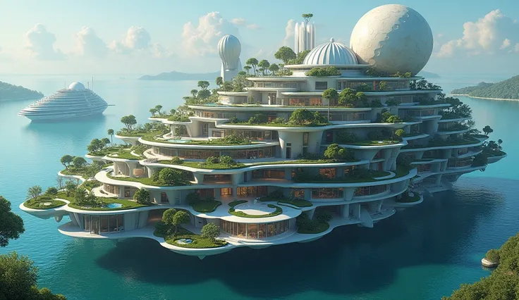 (A giant seagoing futuristic floating island city), self-sufficient and sustainable, harnessing wind and solar power, wave motion, and a small fusion reactor to power the living city. The city features rounded homes to avoid wind resistance, sails for move...