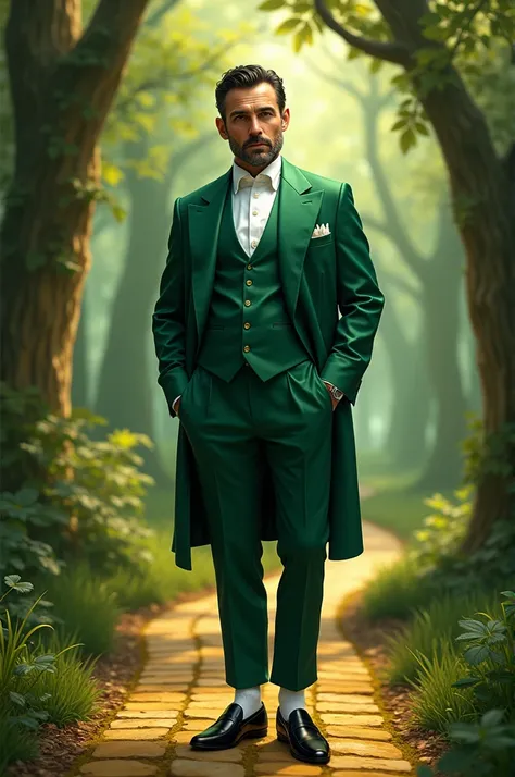 A 30 year old Italian man with dark brown hair and brown eyes. He has a large forehead and some facial hair. He has a long face and slightly chubby. He is wearing a green emerald silk suit with white socks showing with black loafers.Behind him is a beautif...