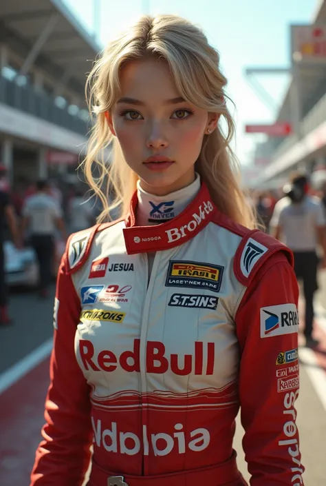 A blonde Japanese woman in Formula 1 clothing