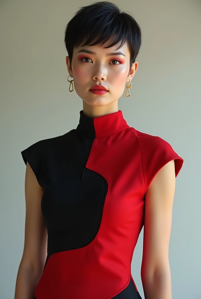 Realistic photo, super detailed, full body,A female model wears a beautiful sleeveless shirt with avant-garde curved cuts inspired by the Iranian Yalda night ceremony in red and black, short pixie hair and red light makeup, small gold accessory, --ar 9:16