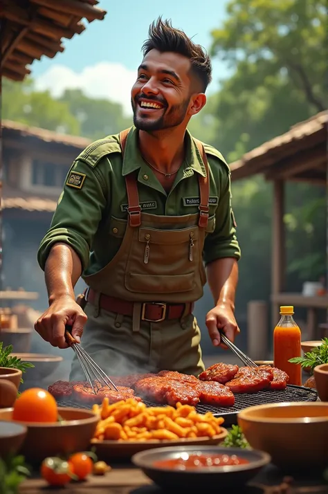 Happy soldier cooking a Brazilian barbecue