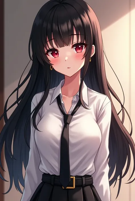 (A anime woman),(1 woman),(long thick black hair),(wavy hair style),(oval face shape),(asian eyes),(red eye color),(black pupil),(flat black medium eyebrows),(wispy eyelashes), (golden earrings),(thin red lips), (perfect body),(she is wearing a white shirt...