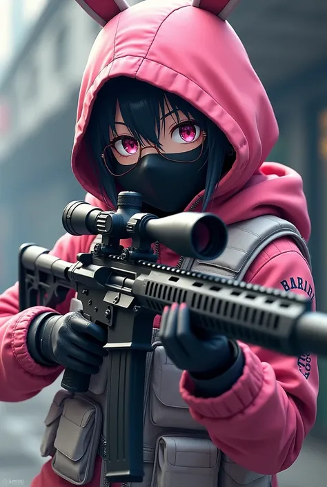  In anime with bunny ears and a pink hooded jacket , black mask, glasses, holding an AWM and wearing a white vest