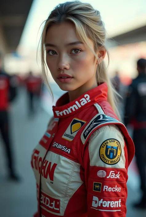 A blonde Japanese woman in Formula 1 clothing