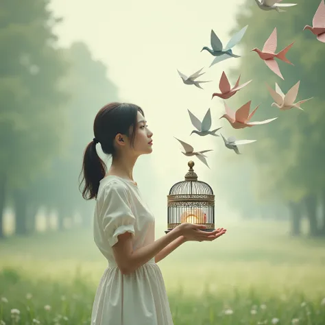 a woman in a simple white dress holds a bird cage in her hands, the cage door is open ,  opens a cage ,  paper birds fly out of the cage and fly in different directions, origami birds ,  several birds are still in the cage 