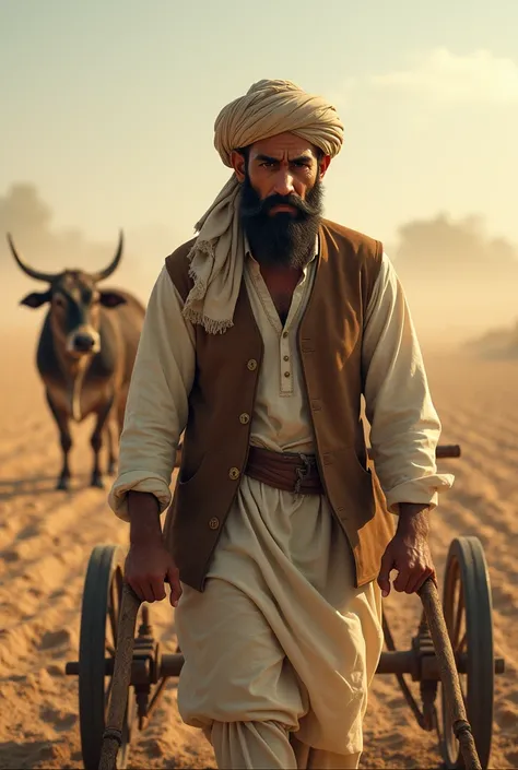 Ahmed, a 45-year-old farmer, 58", lean build, sun-tanned skin, with a short black beard, wearing a traditional white kurta and a brown waistcoat. His head is covered with a beige turban.

Ahmed stands behind the plow, holding its wooden handle with both ha...