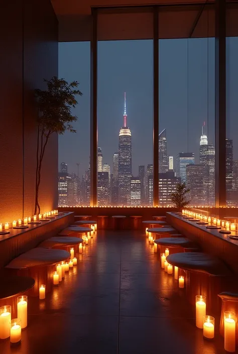 the soft, warm glow of candlelight casting flickering shadows across the room. Dozens, no, hundreds of candles lined the space. on the tables, along the walls, and even framing the large floor-to-ceiling windows that offered a breathtaking view of the city...