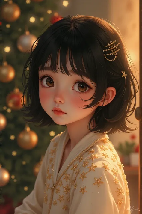  Portrait of a young girl with dark hair. Head turn 3 /4. Eyes look into the frame .  Light-colored clothes ,  decorated with sparkles .  New Years interior ,  festive 