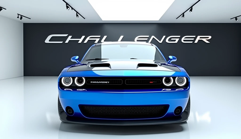 stunning, futuristic Dodg Challenger 2025 takes center stage in a luxury white showroom. The vibrant blue  exterior gleams, drawing attention to its sleek, aerodynamic design and bold accents. The Dodge Challenger" is prominently displayed in large, metall...