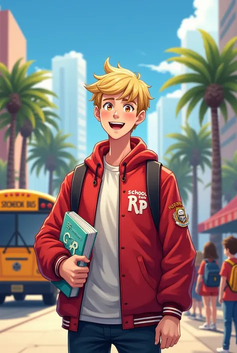 A young man with light blonde hair and a cheerful expression stands in a vibrant outdoor setting, holding a folder labeled SCHOOL RP. He is wearing a red jacket with a logo that resembles the letter gta V. In the background, a yellow school bus is parked, ...