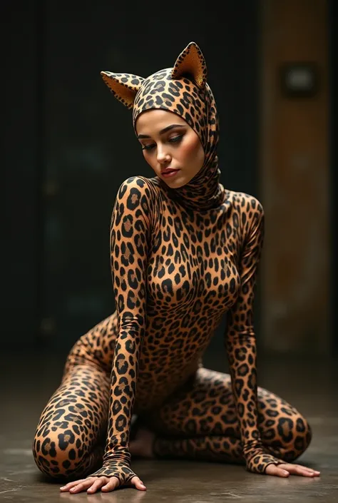  The beautiful adult contortionist Muslim front woman with beautiful cheeks wears a leopard print lycra dance jumpsuit with a high collar, a jumpsuit and a tail ,  and a leopard-printed elastane lycra hijab with a pair of ears ..
