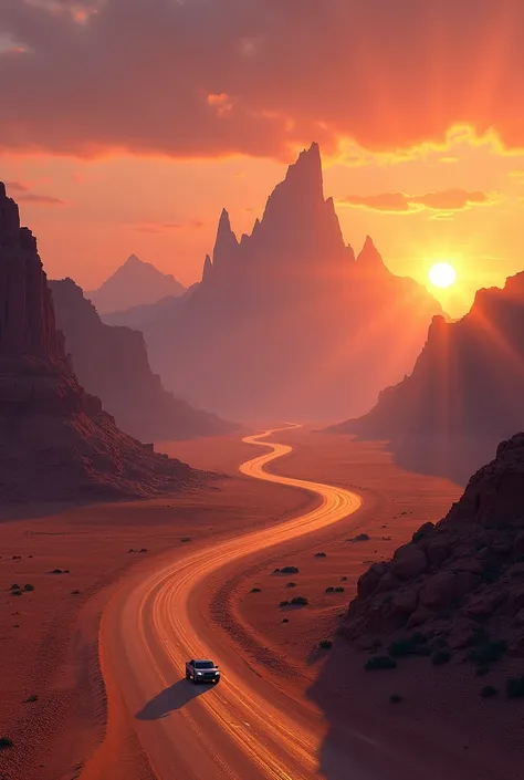 Desert road with mountain and sunset