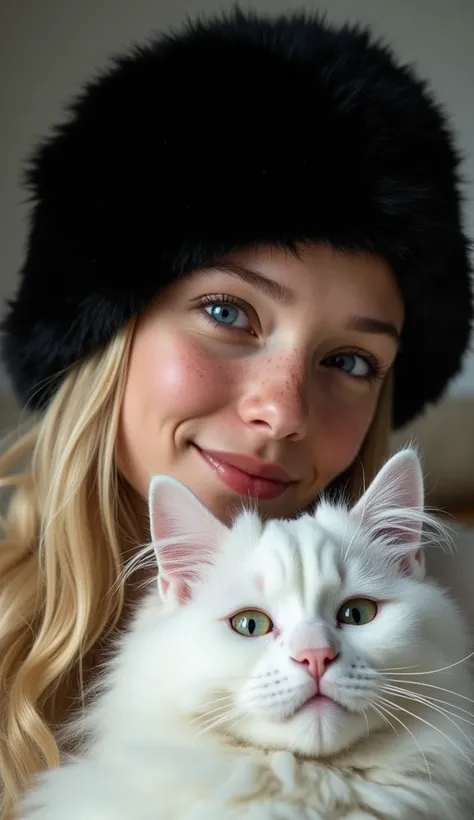 Xxxx Russian , happy,  with a black Russian hat on his head ,  with an extremely furry white cat , maine coon,
 The photographer adjusts the lighting ,  capturing her affectionate essence .  Her skin — retouched ,  but with the slightest freckles  
 ,  1 ,...