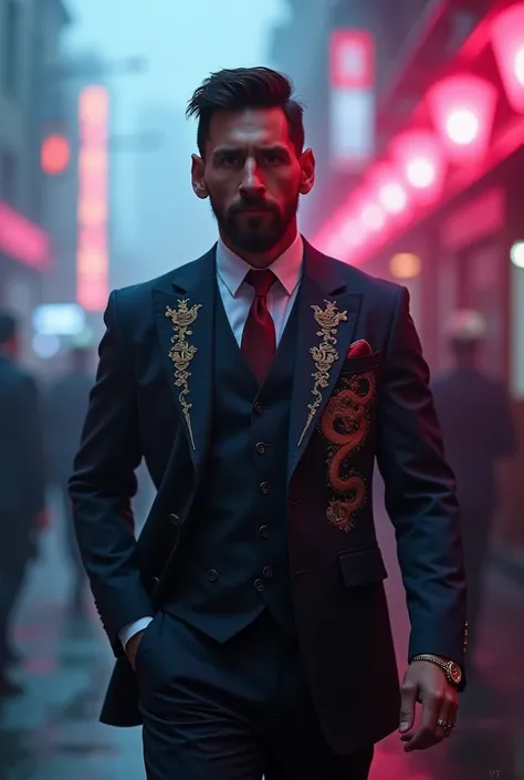 Create a cinematic and atmospheric picture of a man who looks like Leonel Messi. who walks confidently through the citys neon-lit alleys at night. Slim-cut suits with dragon embroidery, silk ties and accessories such as cufflinks or jade pendants. Add a go...