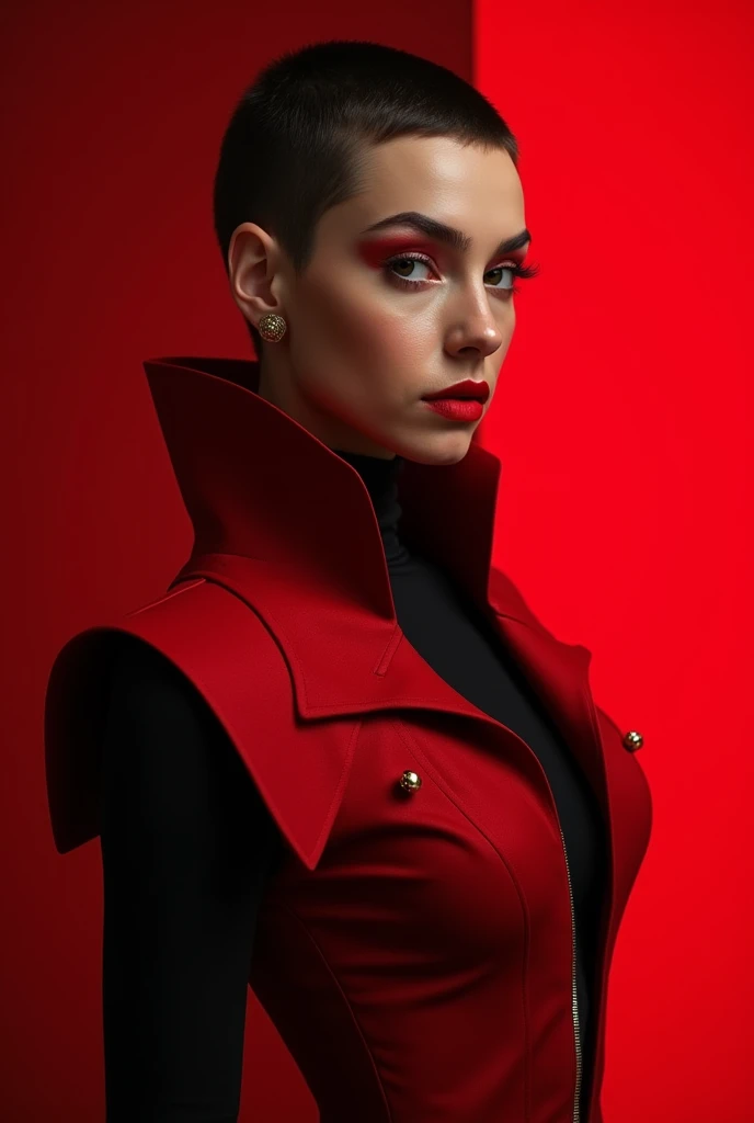 Realistic photo, super detailed, full body,A female model wears an attractive jumpsuit with an avant-garde collar, inspired by Irans Yalda night ceremony with red and black color, short pixie hair and red light makeup, small gold accessory, new red and bla...