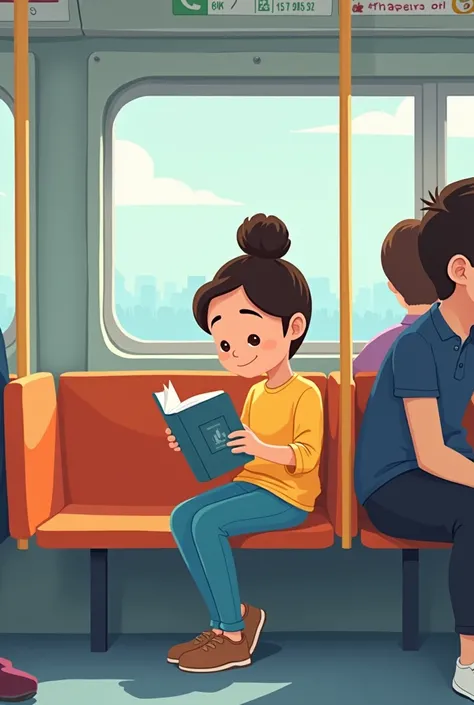 Create a simple cartoon drawing of a passenger reading a book on public transport