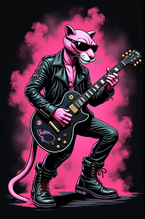  Image on a black background for a shirt showing the drawing of the pink panther dressed as a biker and playing the guitar with the word "pantera" written with Gothic letters ,  all amidst a pink mist 