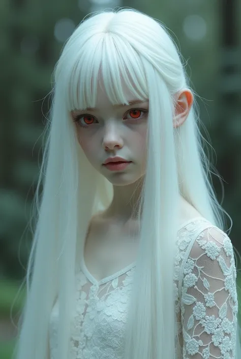 A pale albino girl with long, straight white hair and red eyes. White dress with lace, fragile white girl, bust, Reality. 