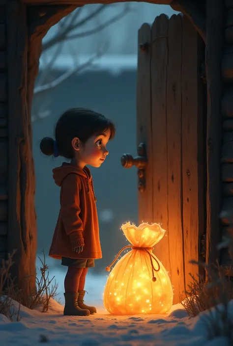 
A young girl named Clara, dressed in simple clothes, opens a wooden door to find a glowing sack of gifts. Her eyes widen in wonder and amazement, as the light from the sack reflects her hopeful expression."
