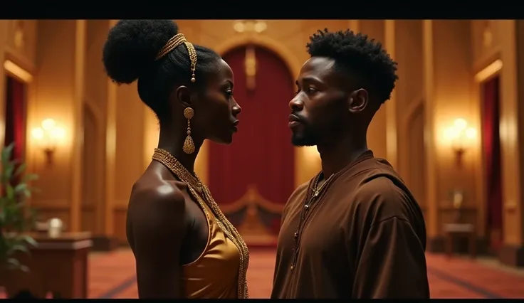 Dans les appartements royaux, Nyara la reine africaine magnifique, avec une peau noire lumineuse et des cheveux ornés de bijoux d’or, vêtue d’une robe de nuit, bloque le passage de Kossi le jeune homme africain de 20 ans, mince et athlétique, vêtu d’une tu...