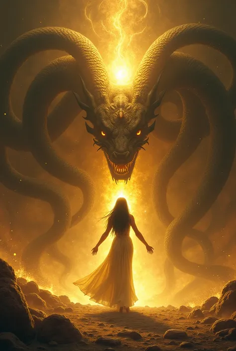 " It represents Ra facing a huge dark snake deep in the underworld, with flashes of golden light coming out of her figure as she overcomes chaos ."