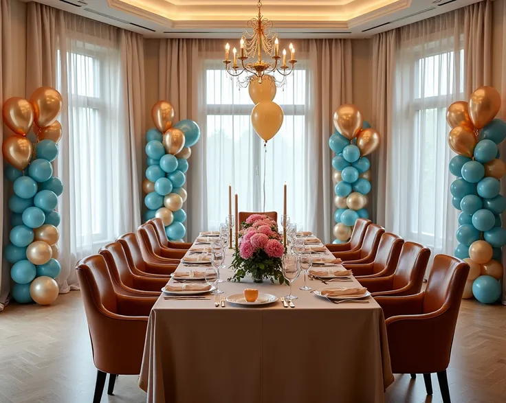 create a huge hall with table for 10 persons for gender party. Decorations: a lot of balloons, a lot of flowers - hydrangea pink and blue, beige ribbons on table only. Decoration style is elegant and like in fairytale. seats is caramel color, panoramic win...